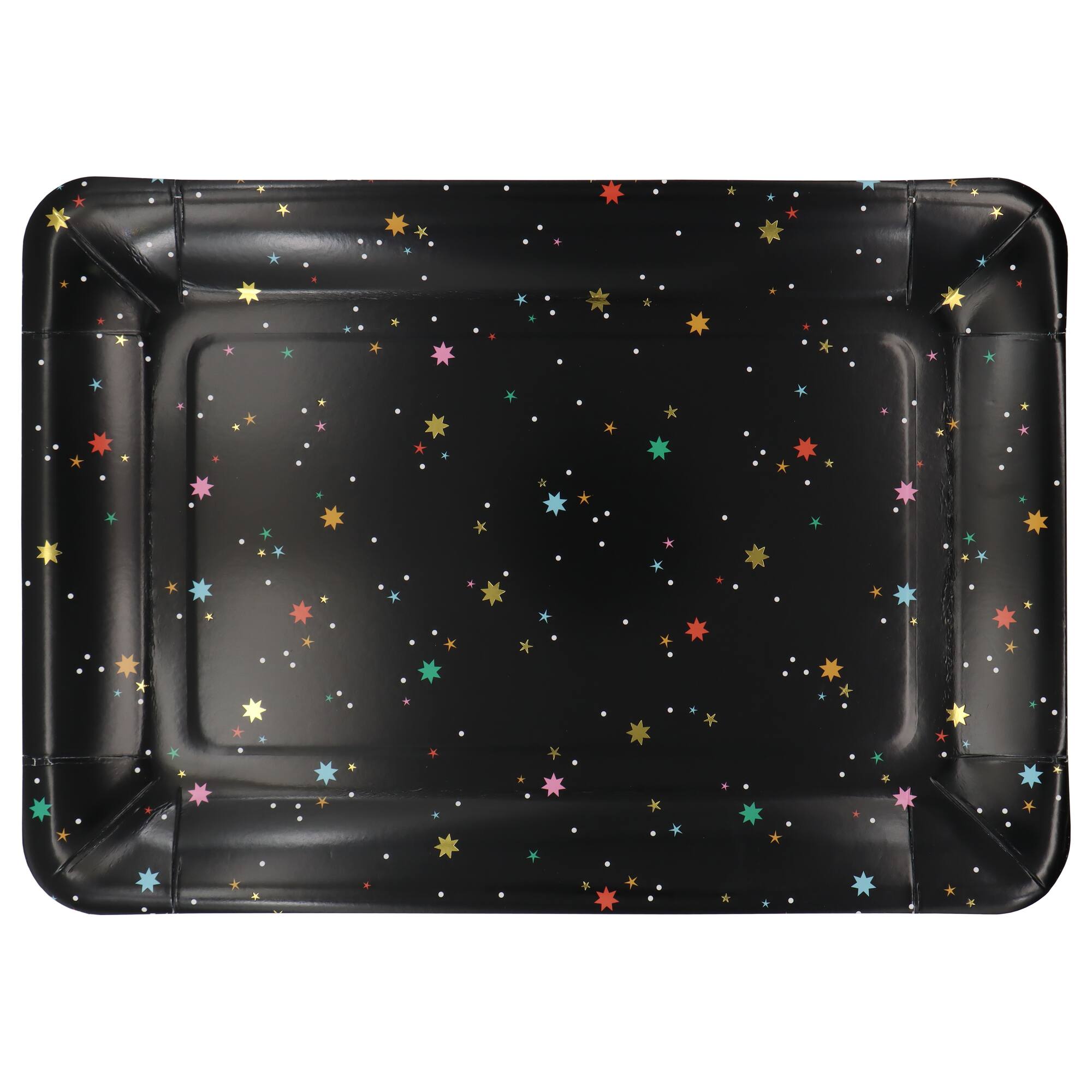 12 Packs: 2 ct. (24 total) 9" x 13" Multicolor Stars on Black Paper Serving Trays by Celebrate It™